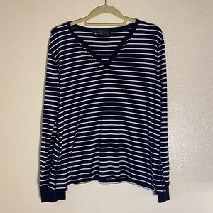 Lauren Jeans Company Navy and White Striped V-Neck Top, Large, Cotton, Vintage